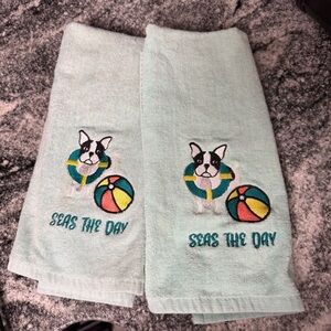 Embroidered 'Seas The Day' Mint Kitchen Towels